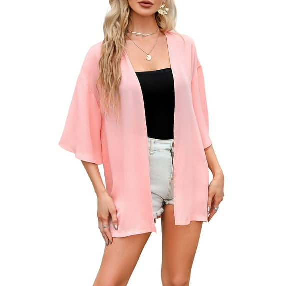 Women's Open Front 3/4 Ruffled Sleeve Lightweight Beach Chiffon Kimono Cardigan Swimsuit Cover Ups