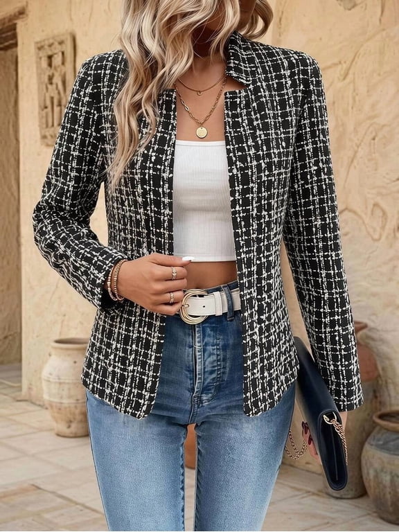 Women's Open Front Boucle Blazer, Lapel Long Sleeve Casual Business Jacket