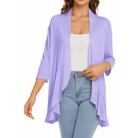 Women's Open Front Cardigan, 3/4 Sleeve Waterfall Ruffle Hem Casual Top