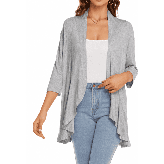 Women's Open Front Cardigan, 3/4 Sleeve Waterfall Ruffle Hem Casual Top