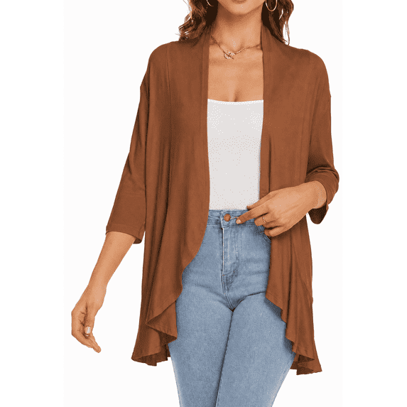 Women's Open Front Cardigan, 3/4 Sleeve Waterfall Ruffle Hem Casual Top