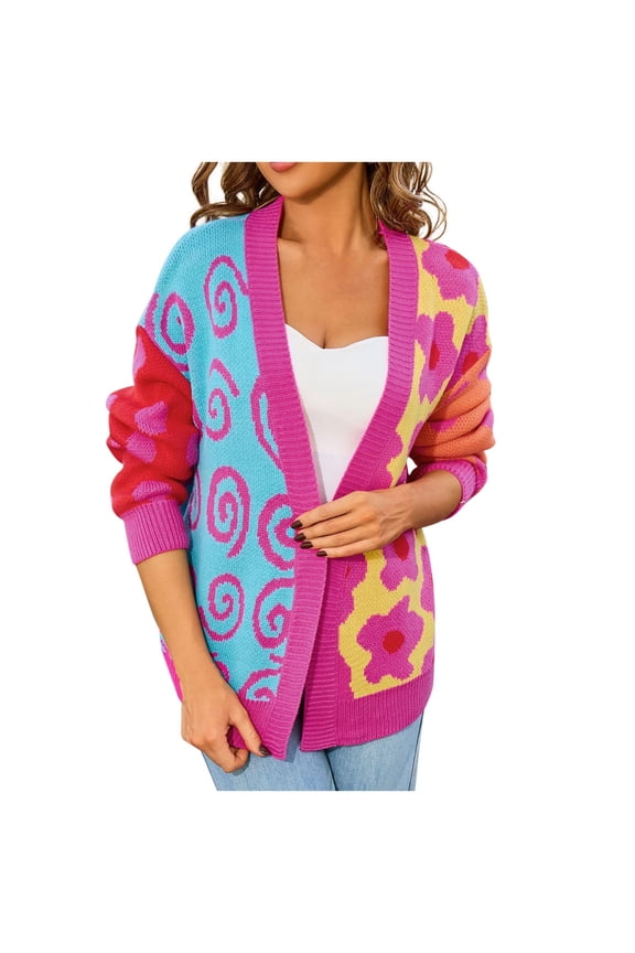 Women's Open Front Cardigan Color Block Floral Patchwork Long Sleeve Knit Sweater Hot Pink L