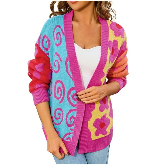 Women's Open Front Cardigan Color Block Floral Patchwork Long Sleeve Knit Sweater Hot Pink M