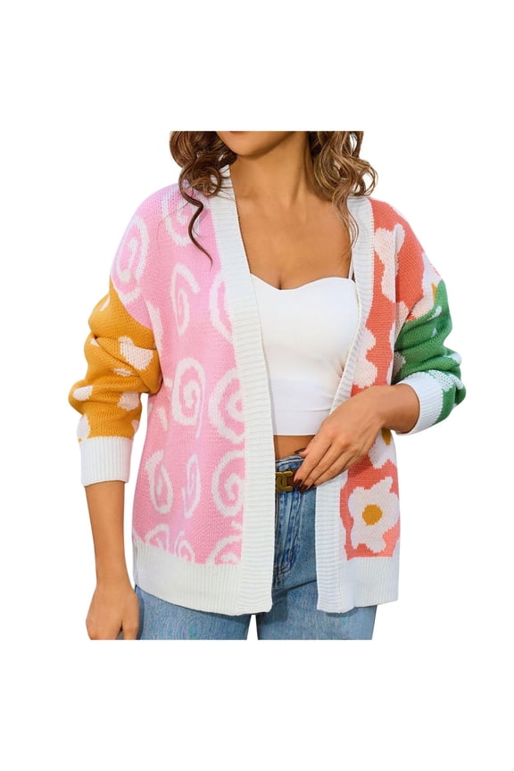 Women's Open Front Cardigan Color Block Floral Patchwork Long Sleeve Knit Sweater White S