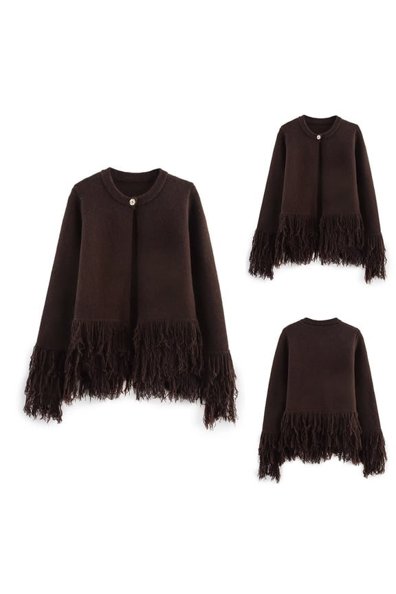 Women's Open Front Cardigan Fringe One Button Jacket Tops Tassels Soft Knit Cardigan Outwear Sweaters Brown M