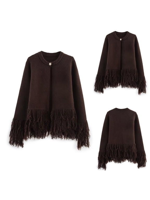 Women's Open Front Cardigan Fringe One Button Jacket Tops Tassels Soft Knit Cardigan Outwear Sweaters Brown M