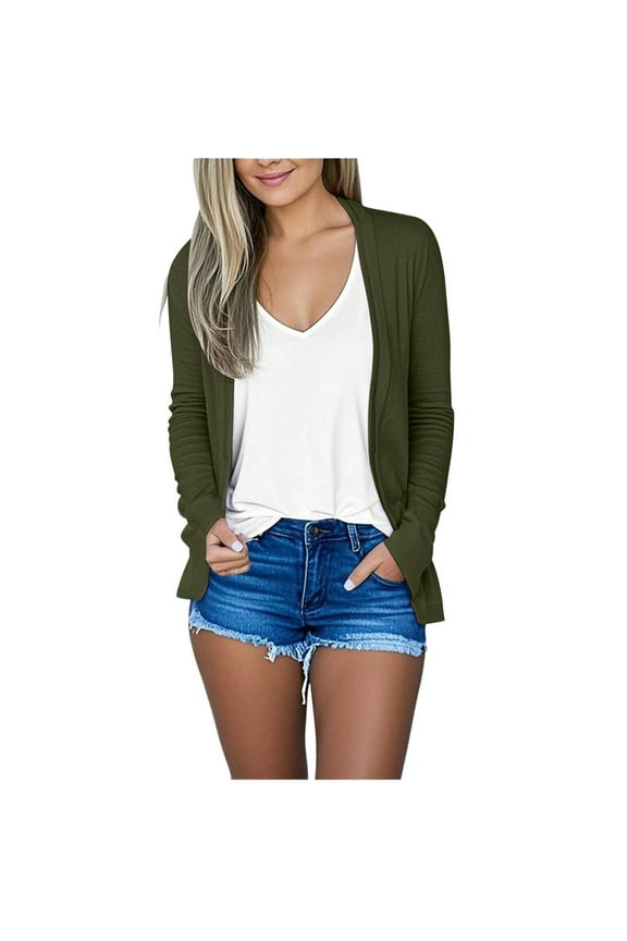 Women's Open Front Cardigan Lightweight Long Sleeve Cover Ups Casual Flowy Cardigans Loose Fit Crop Tops Solid Shirts with Pocket Light Sweater Army Green S