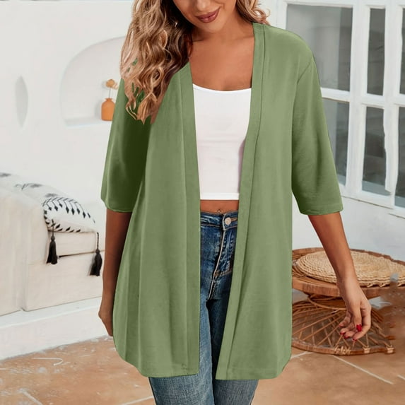 Women's Open Front Cardigan Longer Length Trendy Half Sleeve Maxi Duster Coats Summer Sun Protection Cover Ups Oversized Lightweight Trendy Casual Cozy Cute
