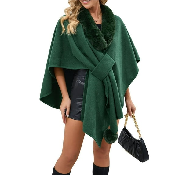 Women's Open/ Front Cardigan Solid Color Poncho Cape Plus Size Knit Wraps for Fall Winter Dark Green One Size