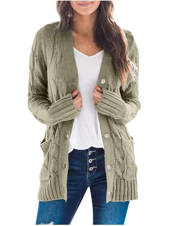 Women's Open Front Cardigan Sweater Casual Button Down Cable Knit Sweater Coat