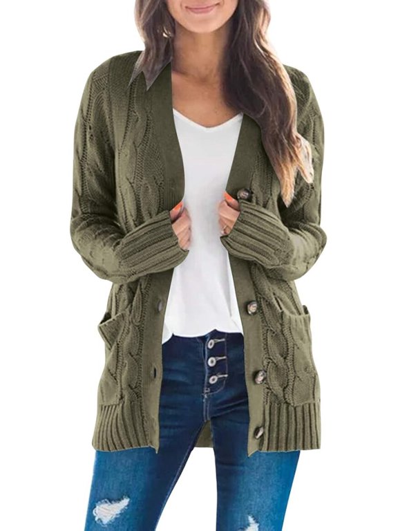 Women's Open Front Cardigan Sweater Casual Button Down Cable Knit Sweater Coat