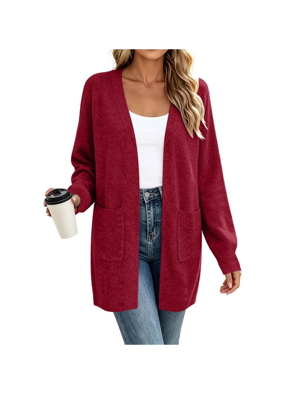 Women’s Open Front Cardigan Sweater, Long Sleeve Knit Cardigan with Pockets, Lightweight Casual Draped Coatigan Jacket for Fall Winter Spring