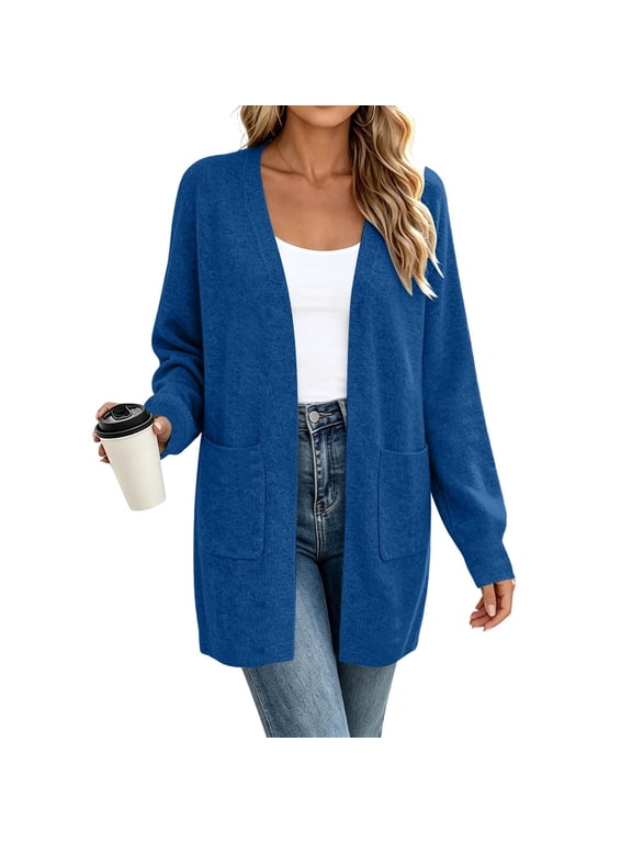Women’s Open Front Cardigan Sweater, Long Sleeve Knit Cardigan with Pockets, Lightweight Casual Draped Coatigan Jacket for Fall Winter Spring