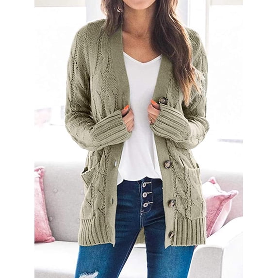 Women's Open Front Cardigan Sweaters Button Down Cable Knit Chunky Outwear Coats Solid Color Warm Plain Sweater