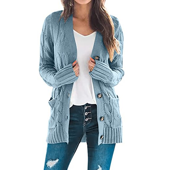 Women's Open Front Cardigan Sweaters, Fall Fashion Button Cable Knit Chunky Winter Outerwear Coats with Pockets Soft shells Jacket Women Light blue 3XL