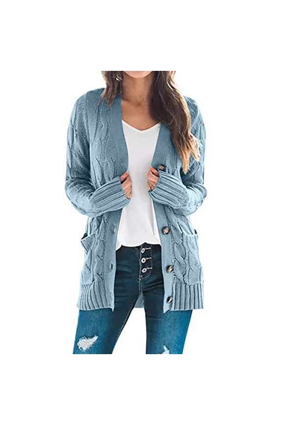 Women's Open Front Cardigan Sweaters, Fall Fashion Button Cable Knit Chunky Winter Outerwear Coats with Pockets Soft shells Jacket Women Light blue 3XL