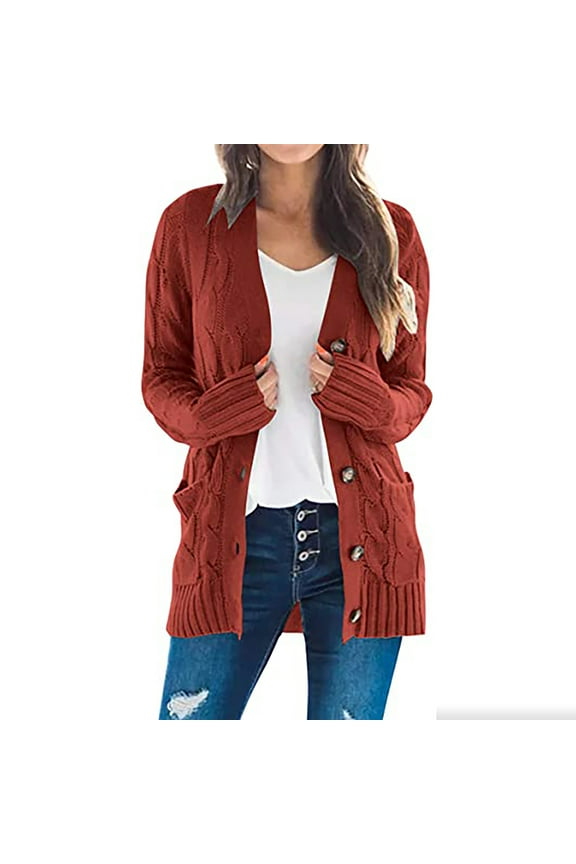 Women's Open Front Cardigan Sweaters, Fall Fashion Button Cable Knit Chunky Winter Outerwear Coats with Pockets Hooded Jacket for Women Red 4XL