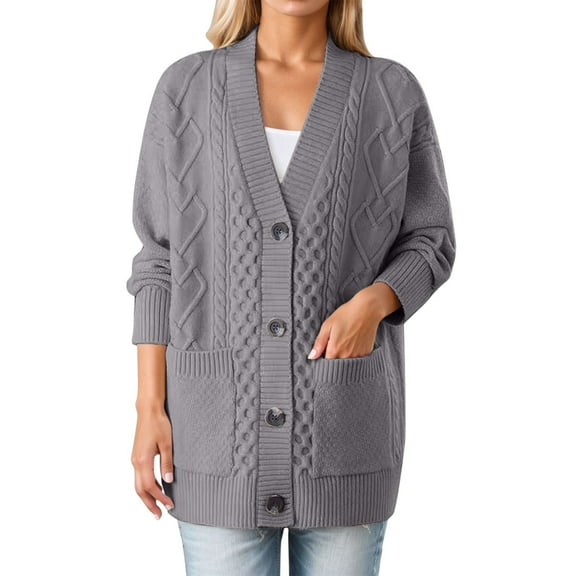 Women's Open Front Cardigan Sweaters Fall Fashion Button down Cable Knit Chunky Winter Clothing Outerwear Coats (L, Gray)