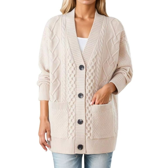 Women's Open Front Cardigan Sweaters Fall Fashion Button down Cable Knit Chunky Winter Clothing Outerwear Coats (XL, Beige)