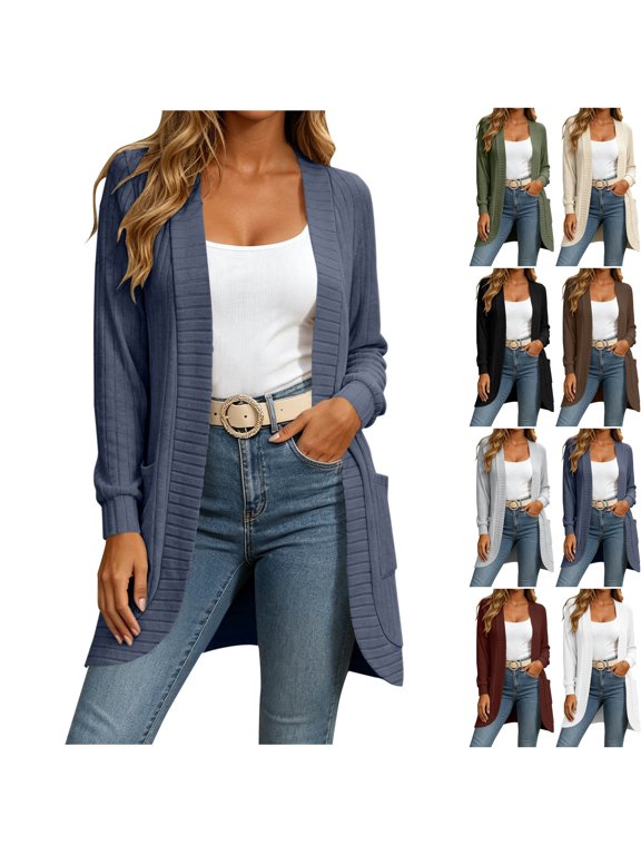 Women's Open Front Cardigan Sweaters Lightweight Long Sleeve Duster Coatigan with Pockets Soft Flowy Fall Clothes for Daily Wear, Navy, XXL