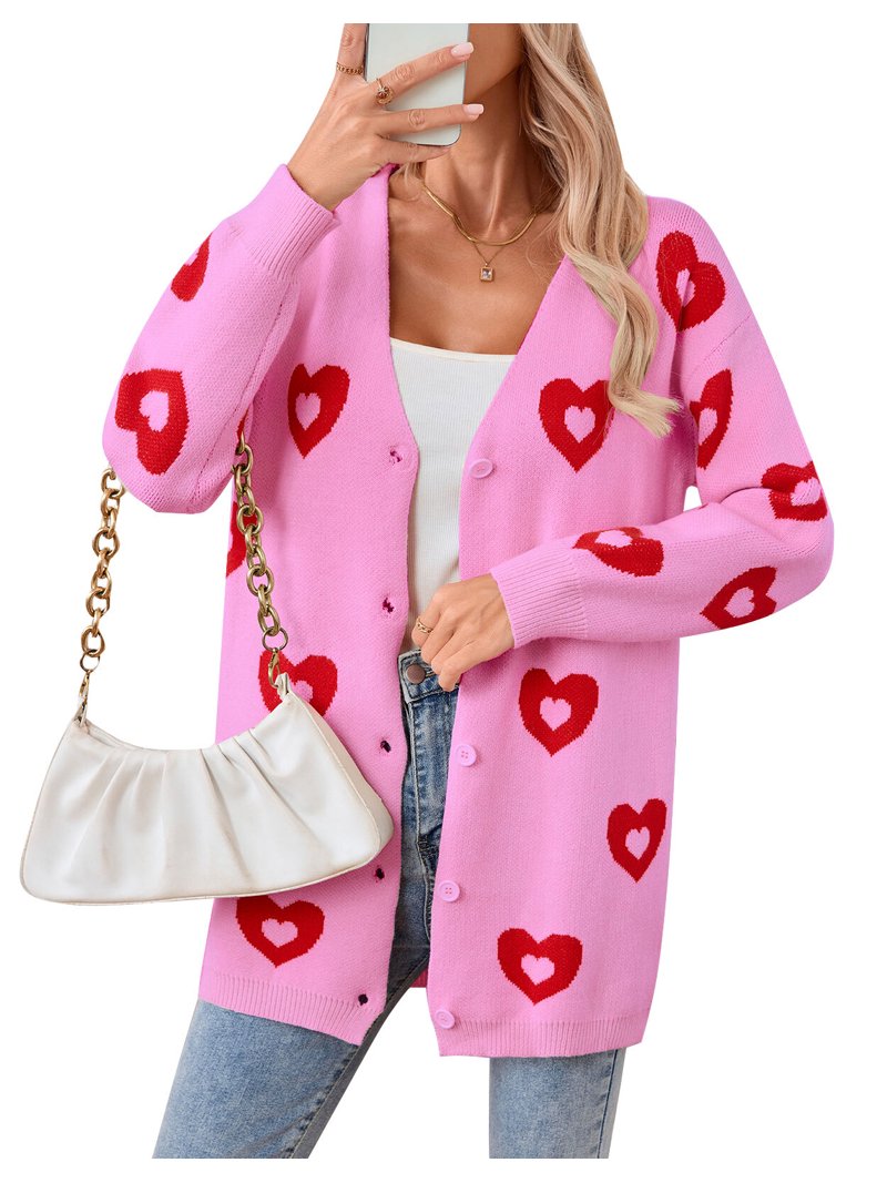 Women's Heart Pattern Open Cardigan - Long Sleeve Knit Sweater, Casual Loose Fit (Beige/Black)