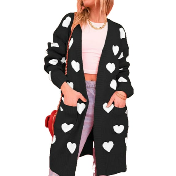 Women's Open Front Cardigan Sweaters Valentine's Day Heart Sweater Fall Fashion Long Sleeve Kimono Cardigan for Women with Pockets Alsol Lamesa
