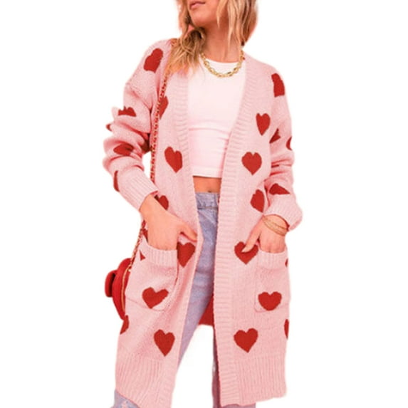 Women's Open Front Cardigan Sweaters Valentine's Day Heart Sweater Fall Fashion Long Sleeve Kimono Cardigan for Women with Pockets Alsol Lamesa