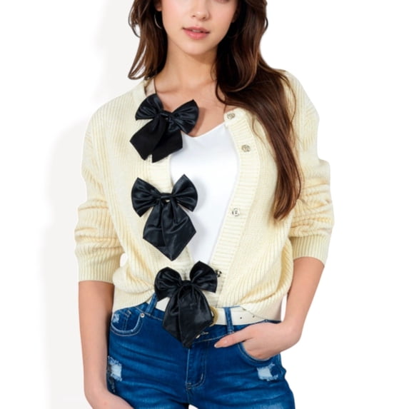 Women's Open Front Cardigan with Bow Detail and Relaxed Fit - Large, White