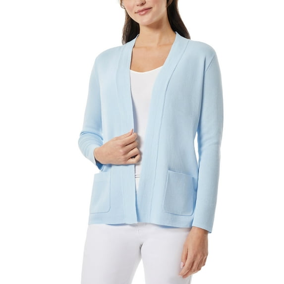 Women's Open Front Cardigan with Ribbed Placket Powder Blue L