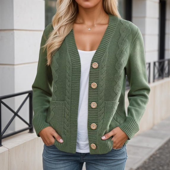 Women's Open Front Cardigans Loose V Neck Button Cable Knitted Sweater Coat Long Sleeve Casual Outerwear New Green S