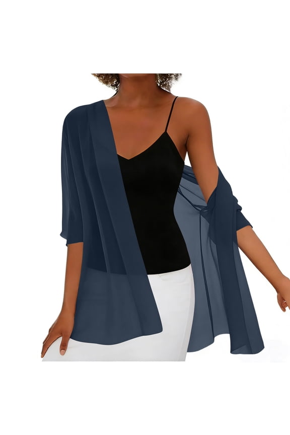Women's Open Front Chiffon Cardigan Lightweight Half Sleeves Sun Protection Cover Up Summer Beach Shrug Navy XL