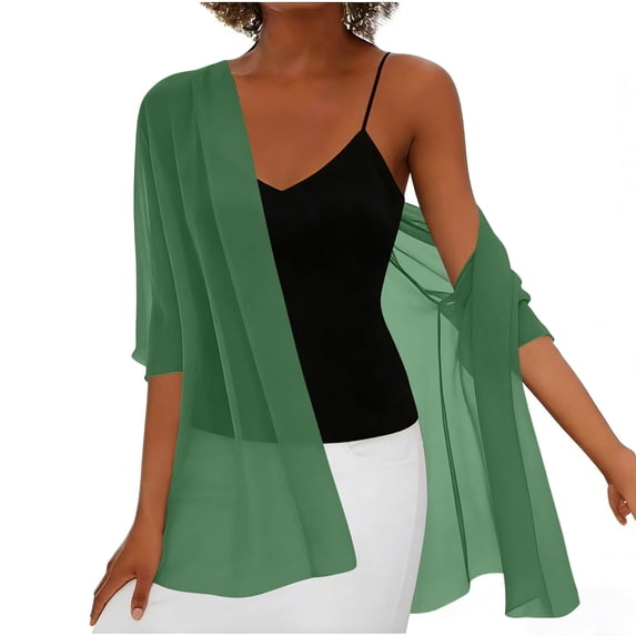 Women's Open Front Chiffon Cardigan Lightweight Half Sleeves Sun Protection Cover Up Summer Beach Shrug Olive Green M