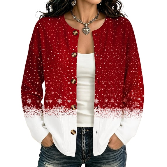 Women’s Open‑Front Christmas Print Cardigan, Long Sleeve Button‑Down Loose Sweater Coat, Plaid Snowflake Bauble Festive Outerwear for Holiday Events & Fall Winter Daily Casual Outfits,Wine,M