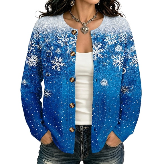 Women’s Open‑Front Christmas Print Cardigan, Long Sleeve Button‑Down Loose Sweater Coat, Plaid Snowflake Bauble Festive Outerwear for Holiday Events & Fall Winter Daily Casual Outfits,Blue,5XL