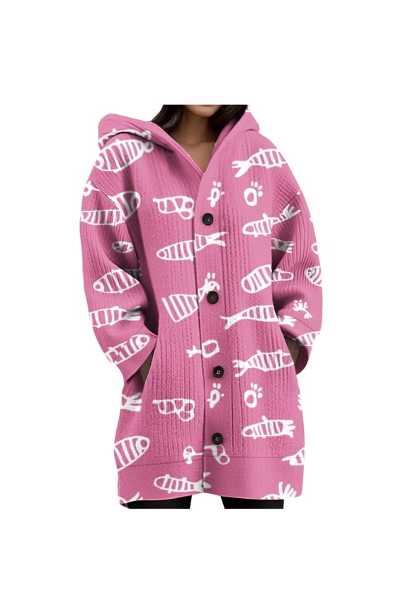Women's Open Front Chunky Cardigans Knitted Print Hooded Button Down Sweaters Coat Long Sleeve Fall Tops With Pockets (XXL, Pink)