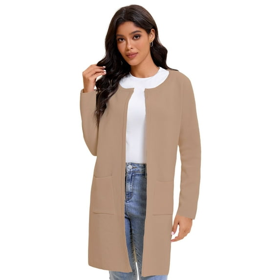 Women's Open Front Coatigan Sweater Long Sleeve Casual Knit Lapel Cardigan Coat with Pockets