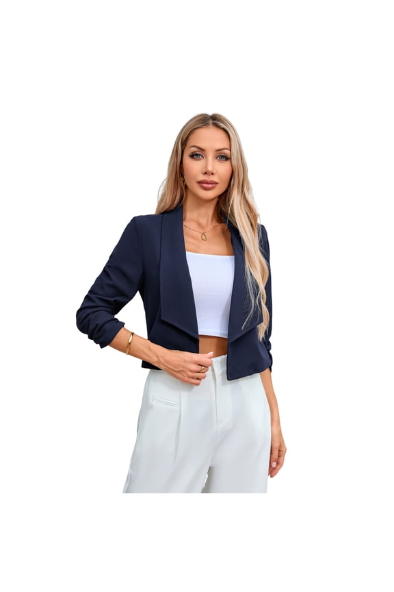 Women's Open-Front Cropped Blazer with Ruched Sleeves