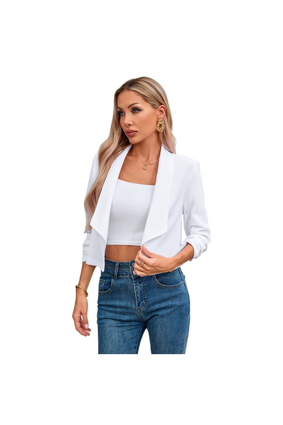 Women's Open-Front Cropped Blazer with Ruched Sleeves
