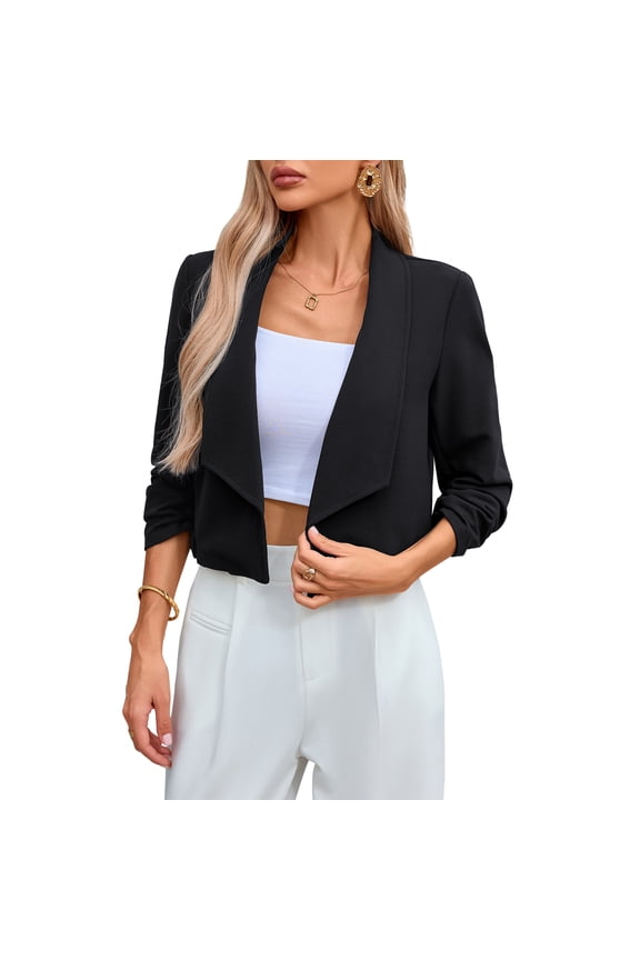 Women's Open-Front Cropped Blazer with Ruched Sleeves