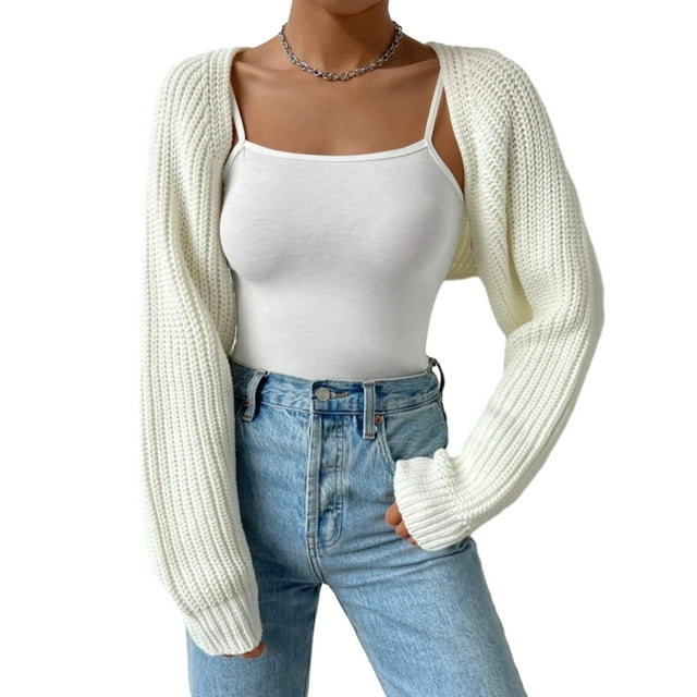 Women s Open Front Cropped Cardigan Long Sleeve Solid Color Ribbed Knit ...
