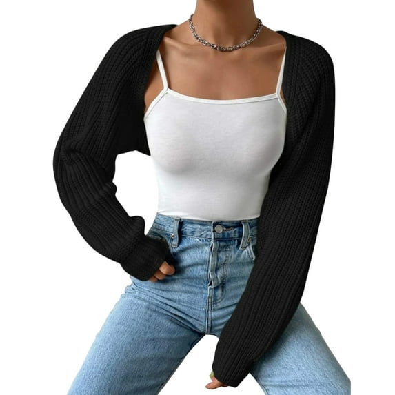 Women's Open Front Cropped Cardigan Long Sleeve Solid Color Ribbed Knit Shrug Sweater Bolero Tops