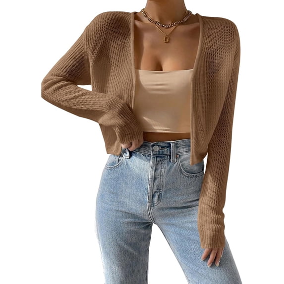 Women's Open-Front Cropped Knit Cardigan, Long Sleeve Lightweight Sweater