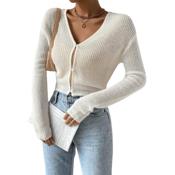 Women's Open-Front Cropped Knit Cardigan, Long Sleeve Lightweight Sweater