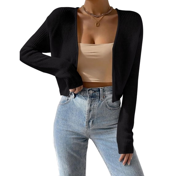 Women's Open-Front Cropped Knit Cardigan, Long Sleeve Lightweight Sweater