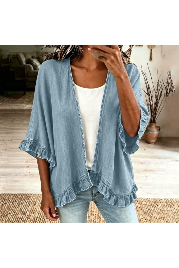 Women's Open Front Denim Kimono Jacket Ruffle Flare 3/4 Sleeve Fringe Hem Lightweight Loose Cover Up Light Dark Blue Black Shades, Y2K Jacket Blue XXL