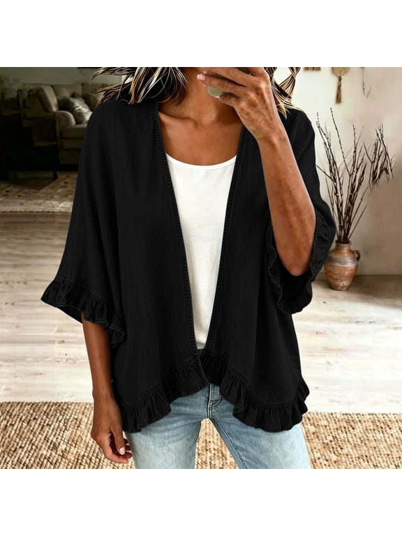Women's Open Front Denim Kimono Jacket Ruffle Flare 3/4 Sleeve Fringe Hem Lightweight Loose Cover Up Light Dark Blue Black Shades, Y2K Jacket Black S