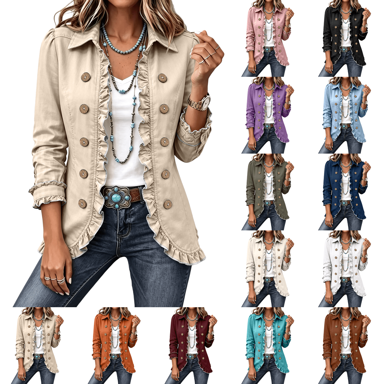 Open Jacket Women's Open Front Jackets Ruffle Peplum Lapel Jacket Long Sleeve ...