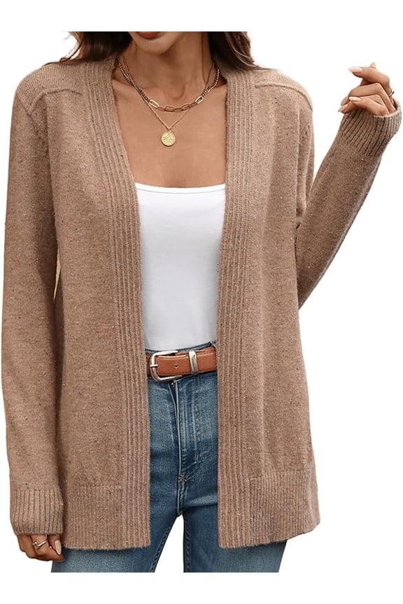 Women's Open Front Knit Cardigan Long Sleeve Soft Lightweight Sweater with Ribbed Hem Casual Fall Winter Coat Jacket Khaki XL