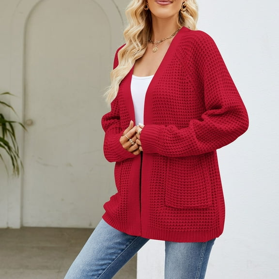 Women's Open Front Knit Cardigan Sweater Long Sleeve Casual Loose Fit Chunky Knitwear with Pockets