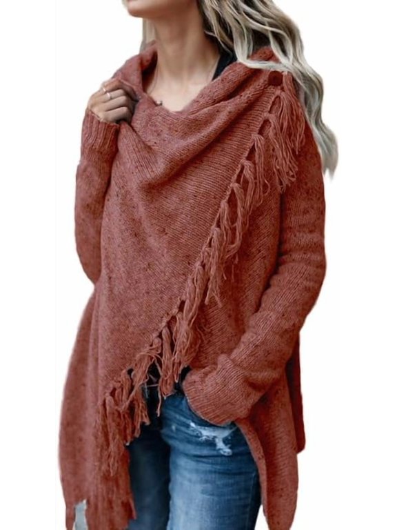 Women's Open Front Knited Tassels Slash Loose Cardigan Crew Neck Speckled Fringe Sweater Outwear